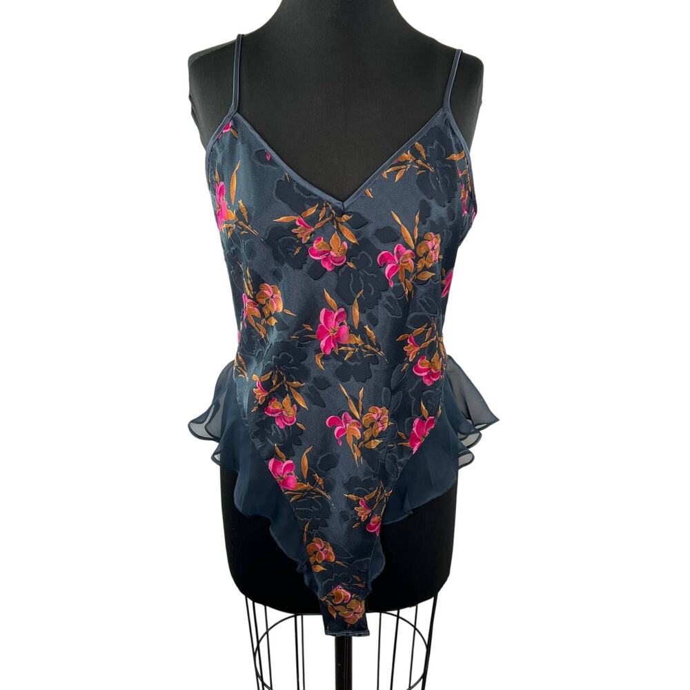 Vintage NEW Victoria's Secret Navy Blue Pink Floral Ruffle Bodysuit Teddy L NWT